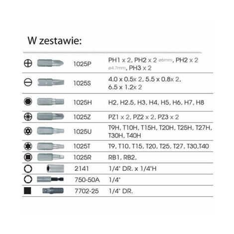 Zestaw bitów King Tony 1'4" 49cz. z uchwytem 2141 + 750-50a, płaskie, ph, pz, hex, torx z otworem, kwadrat - 2